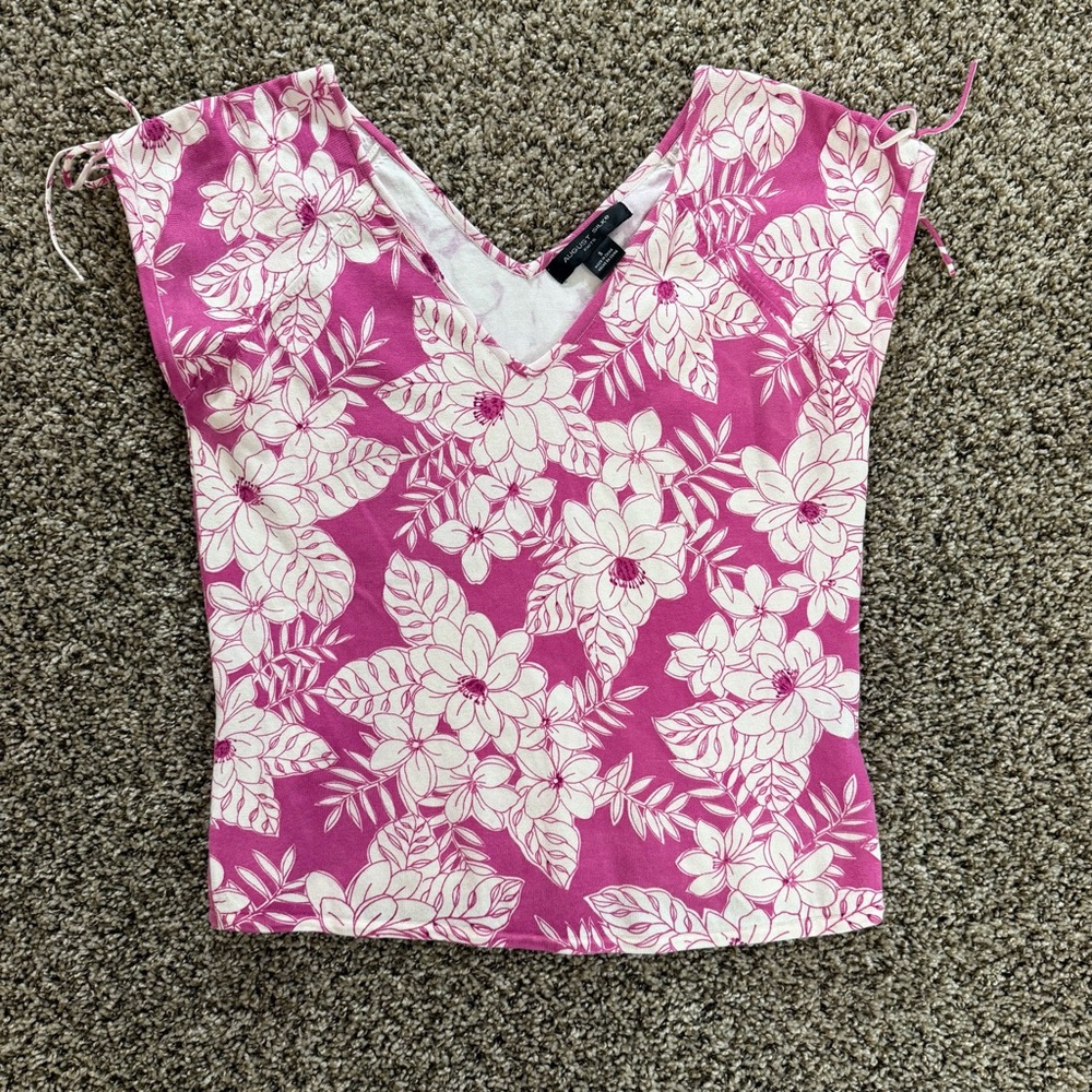 August Silk Small Pink White Floral Knit Top Tie Shoulder Silk Blend Blouse